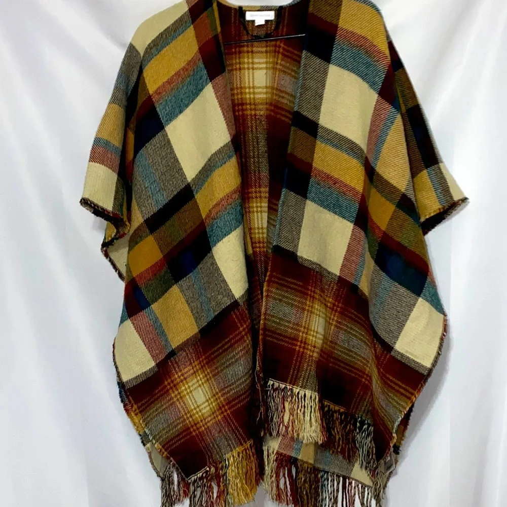 Charter Club One‎ size Multicolor Plaid Fringe Wrap BUTTON AT SIDES FALL COLORS